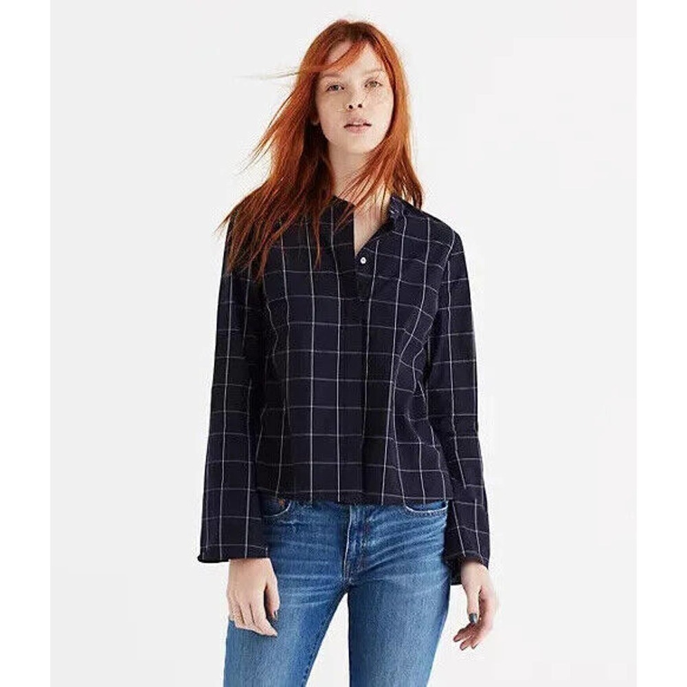 Madewell Women’s Size S Small Bell Sleeve Shirt in Windowpane Navy Blue Cotton